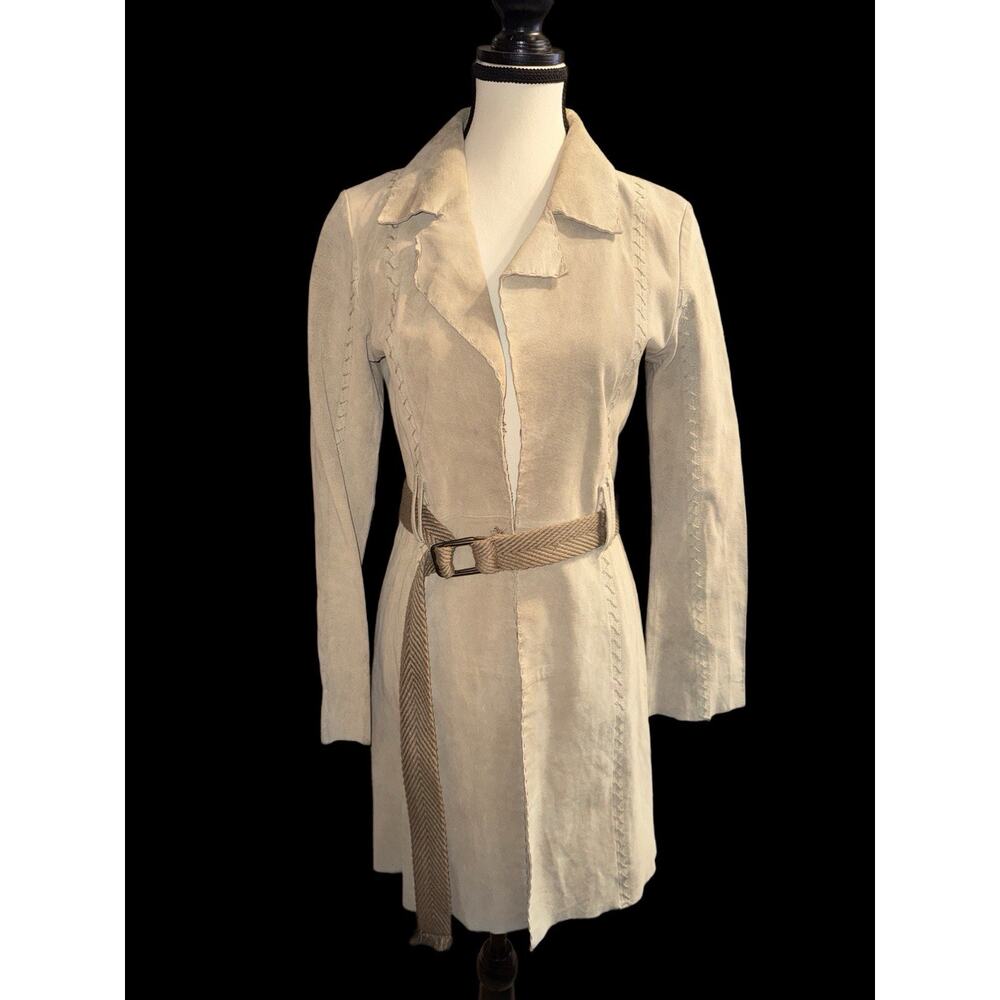 1970s Tan Suede Long Coat Decorative Stitching Lightweight Mob Wife Luxury
